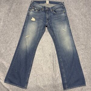 True Religion Mens Blue Distressed Straight Leg Jeans Size 36 USA Made